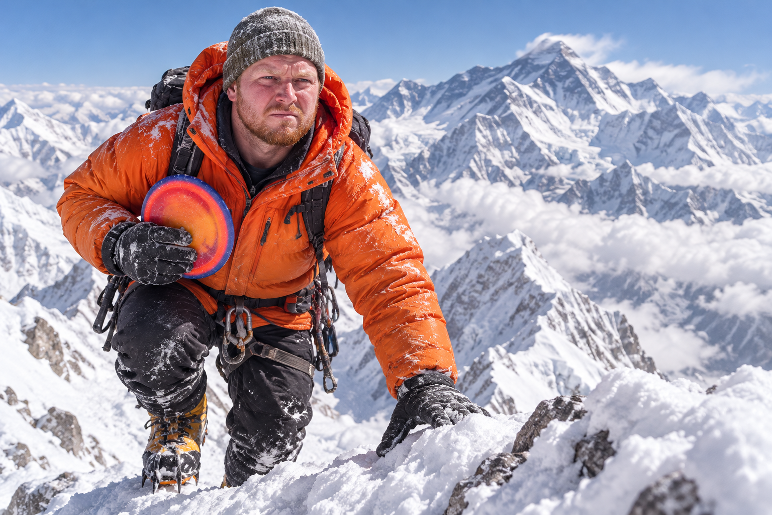 Fictional image of Vito climbing Mount Everest in an orange expedition outfit