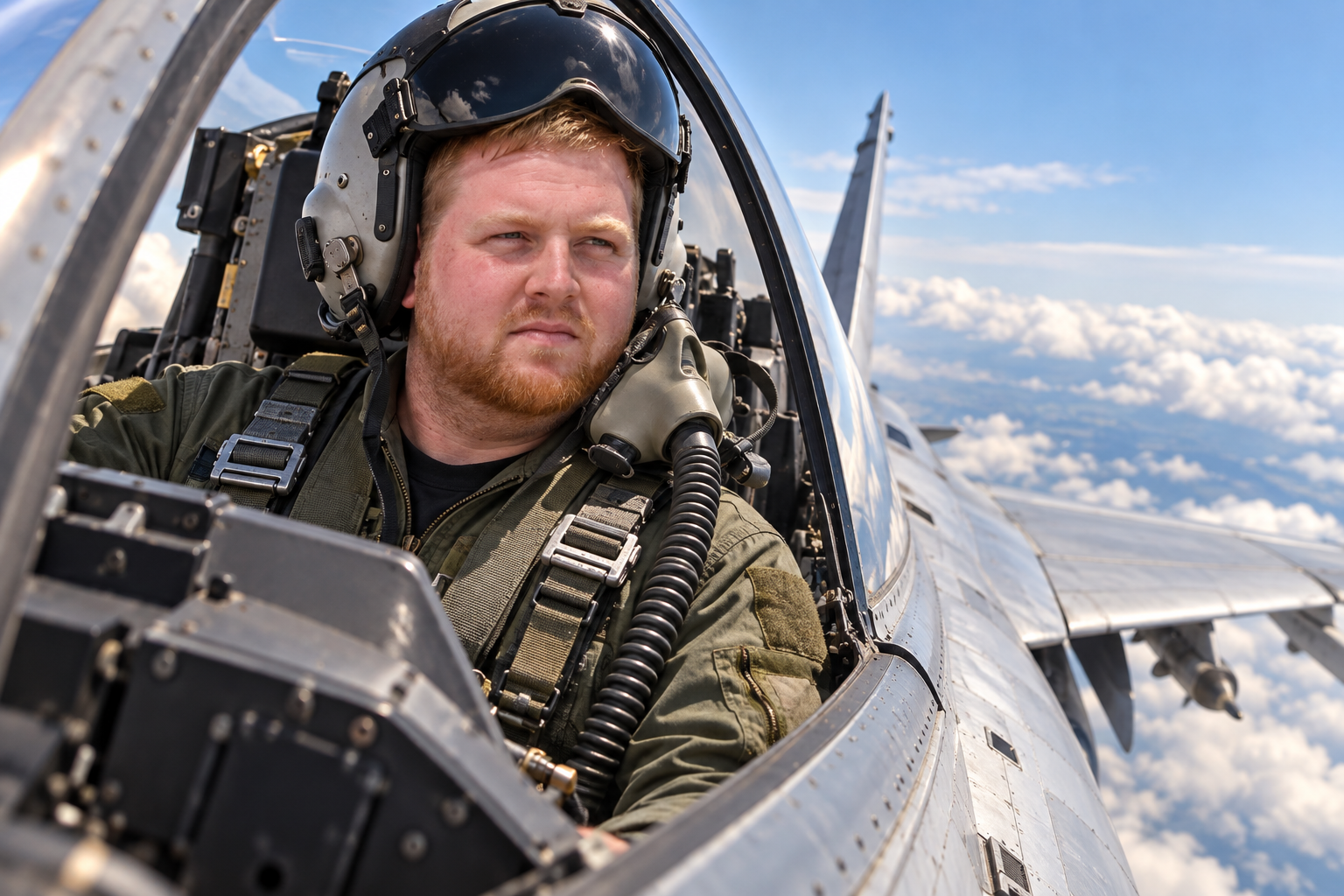 Fictional image of Vito flying a fighter jet in a flight suit