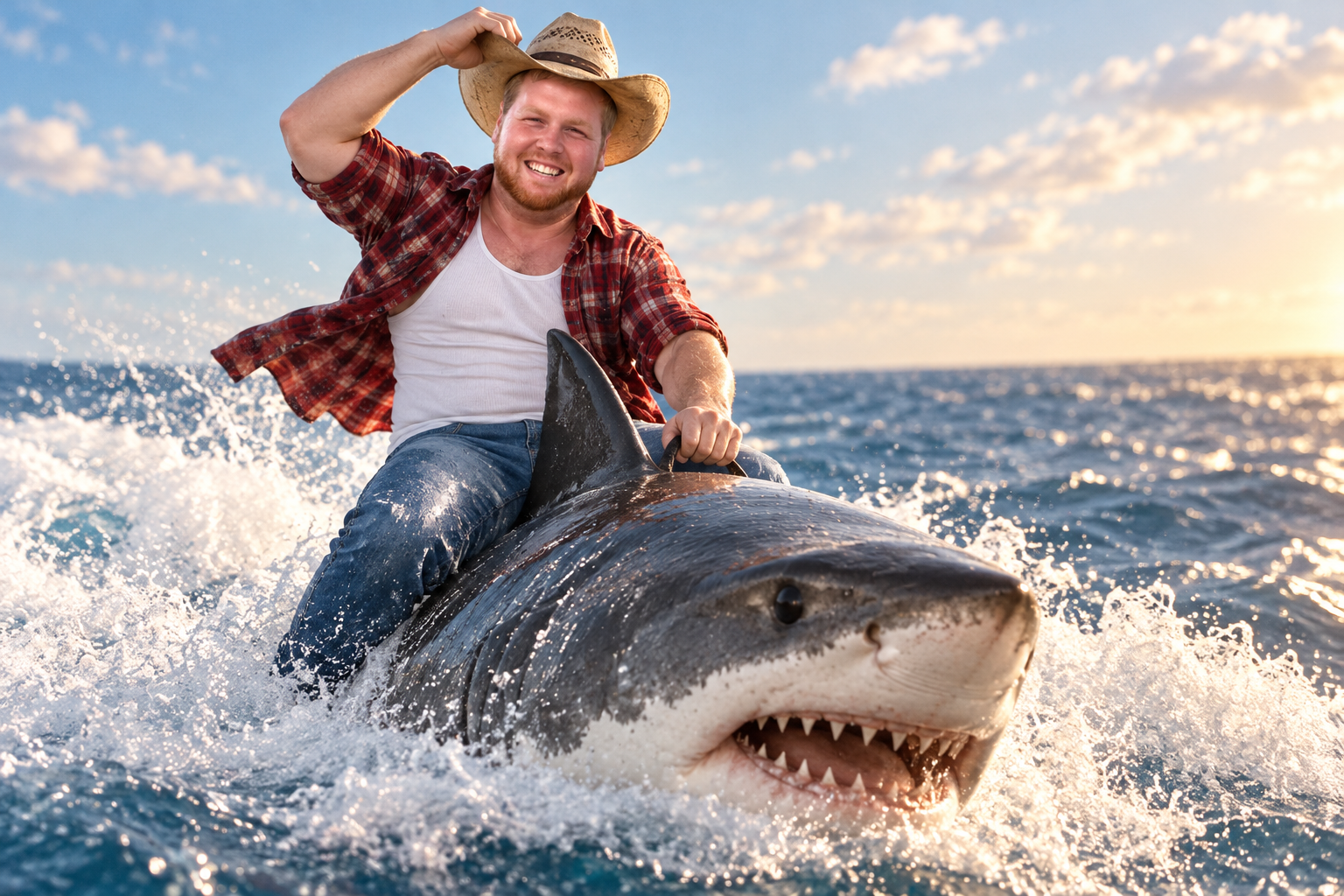 Fictional image of Vito riding on the back of a great white shark
