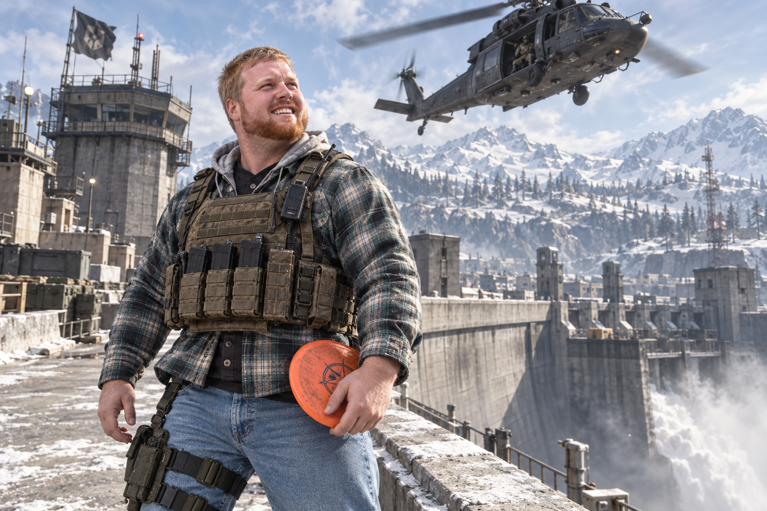 Fictional image of Vito on the Verdansk dam looking up at a helicopter